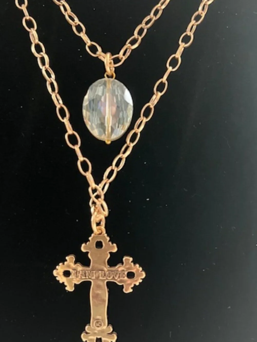 Katia Designs Gold Layered Cross Necklace "I Am Loved" Crystal Pendant - NWOT - Picture 3 of 3